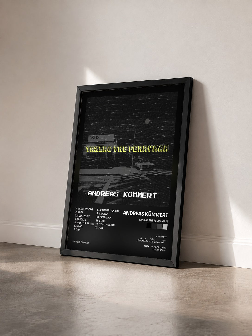 #noir Tableau de l'album Taxing the Ferryman de Andreas Kümmert vu de trois quarts, cadre noir