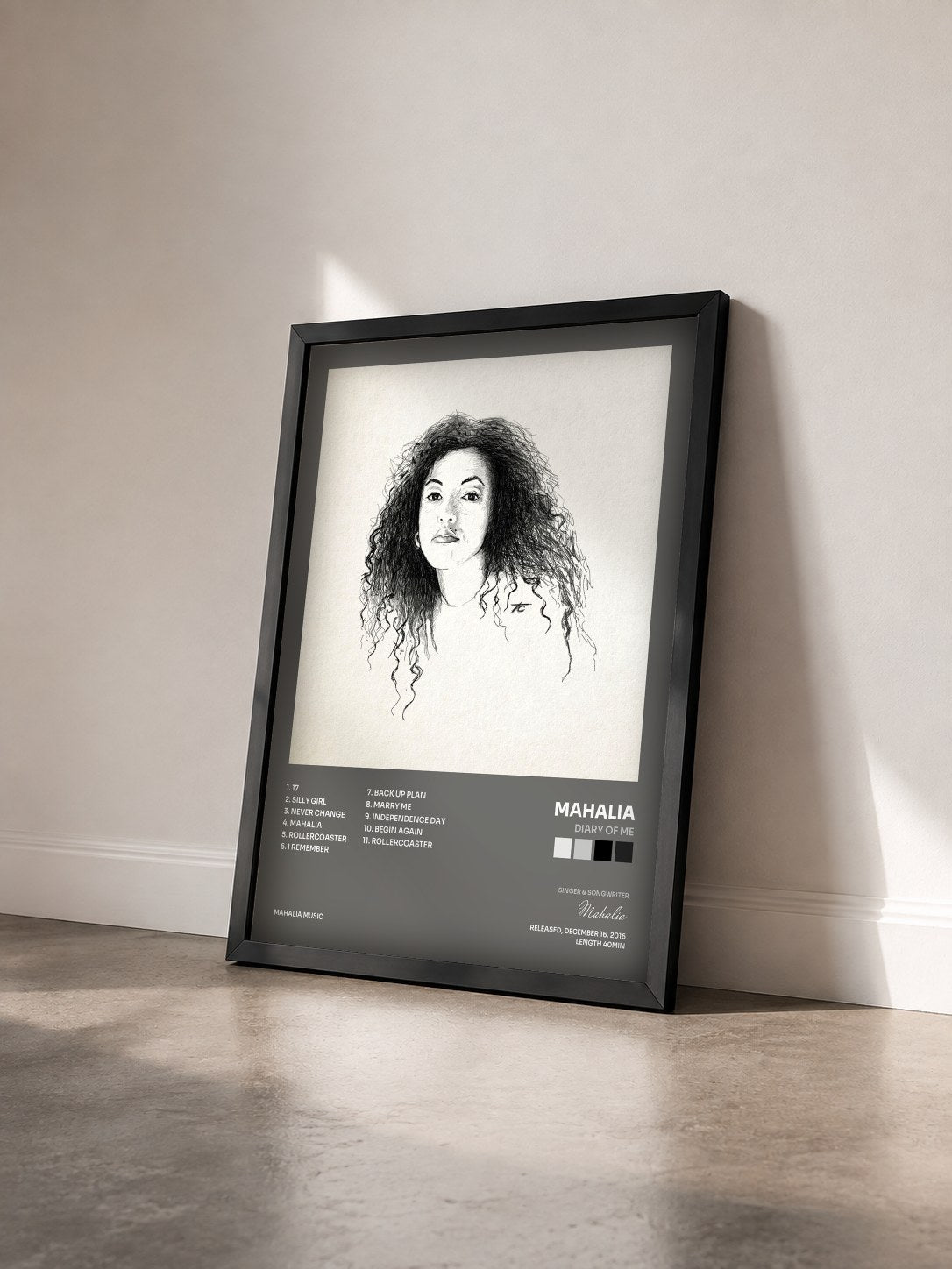 #noir Tableau de l'album Diary of Me de Mahalia vu de trois quarts, cadre noir