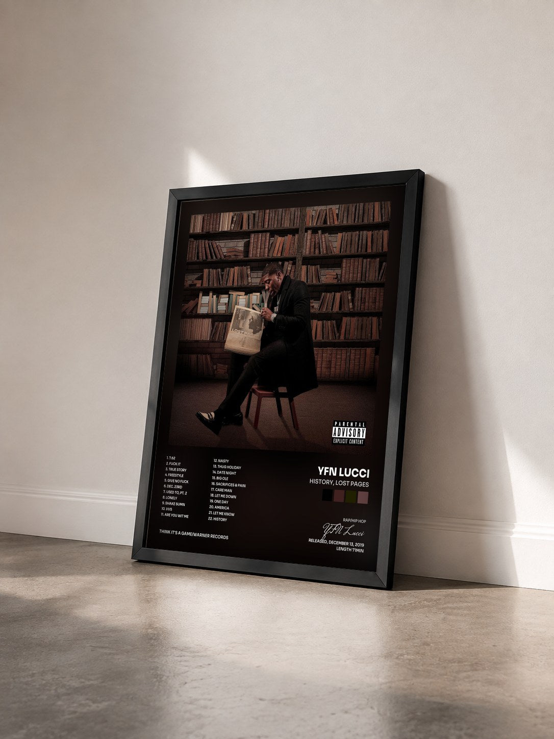 #noir Tableau de l'album HIStory, Lost Pages de YFN Lucci vu de trois quarts, cadre noir