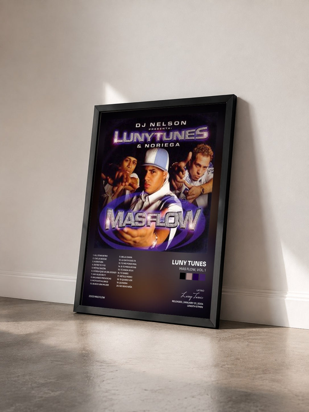 #noir Tableau de l'album Mas Flow, Vol. 1 de Luny Tunes vu de trois quarts, cadre noir