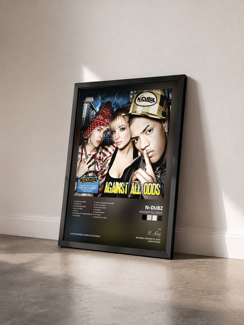 #noir Tableau de l'album Against All Odds de N-Dubz vu de trois quarts, cadre noir