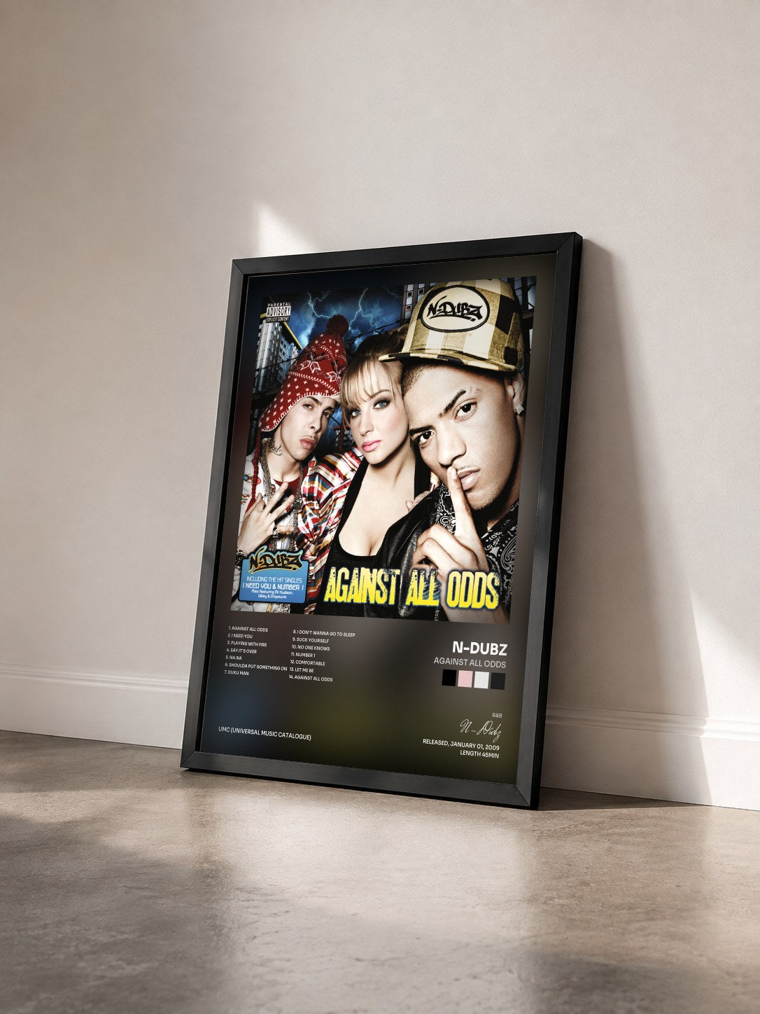#noir Tableau de l'album Against All Odds de N-Dubz vu de trois quarts, cadre noir