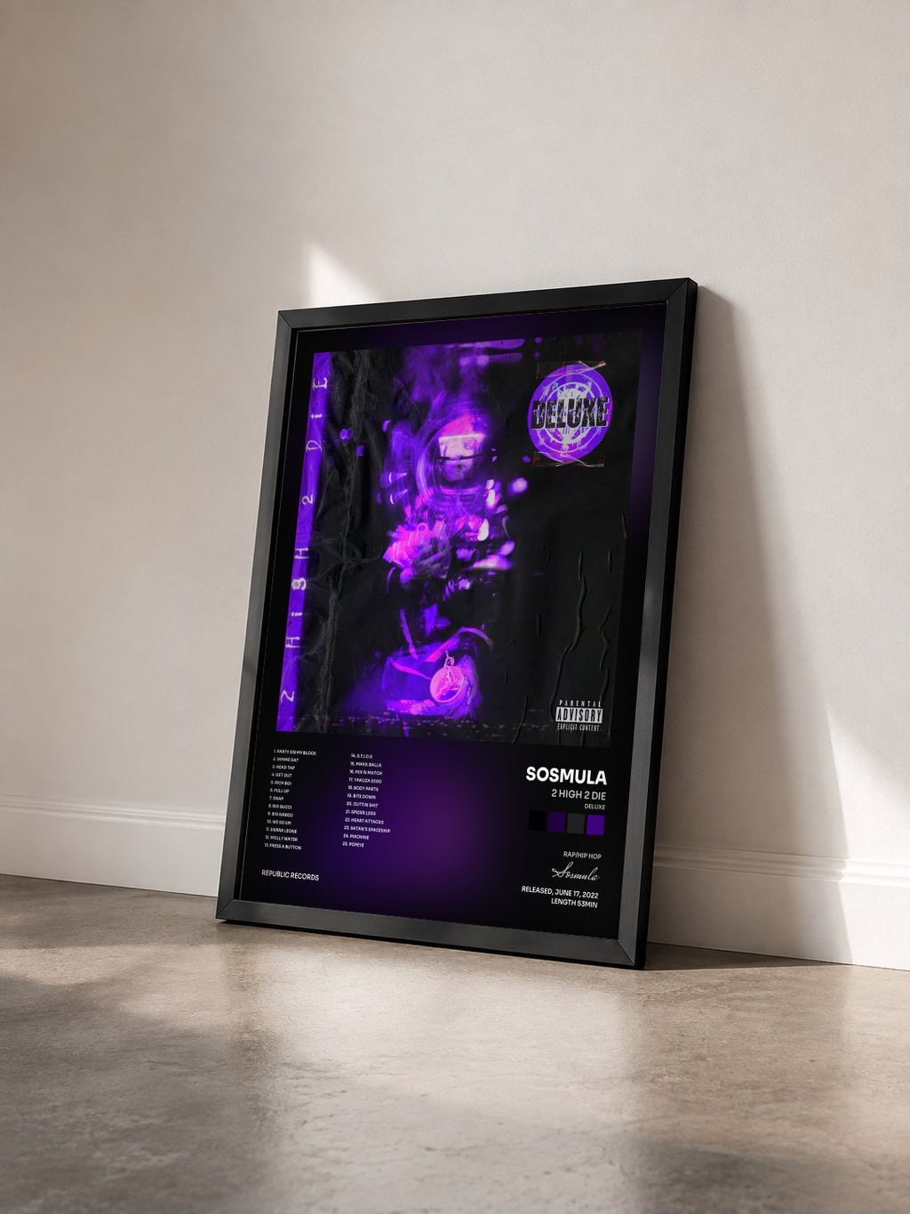 #noir Tableau de l'album 2 HIGH 2 DIE (Deluxe) de Sosmula vu de trois quarts, cadre noir