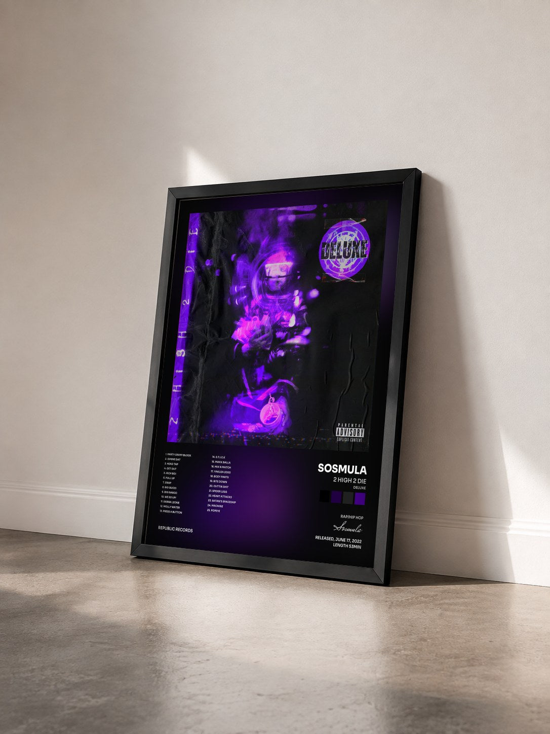 #noir Tableau de l'album 2 HIGH 2 DIE (Deluxe) de Sosmula vu de trois quarts, cadre noir
