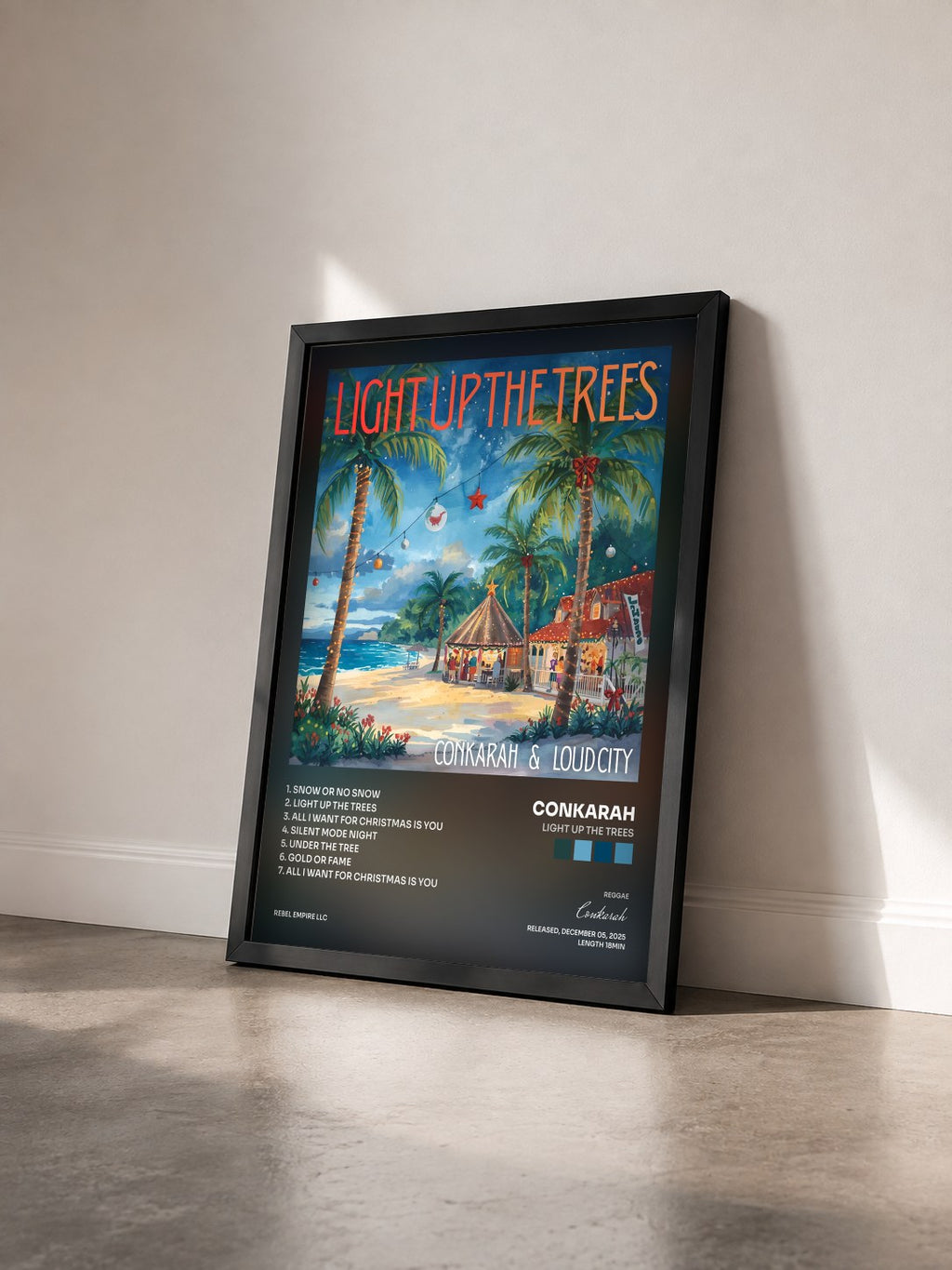 #noir Tableau de l'album Light up the Trees de Conkarah vu de trois quarts, cadre noir