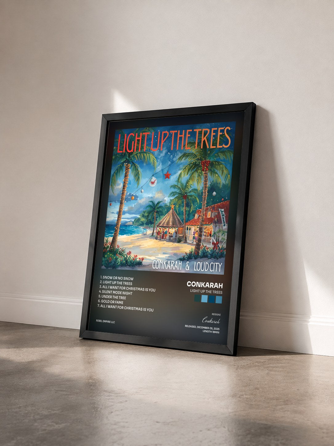 #noir Tableau de l'album Light up the Trees de Conkarah vu de trois quarts, cadre noir