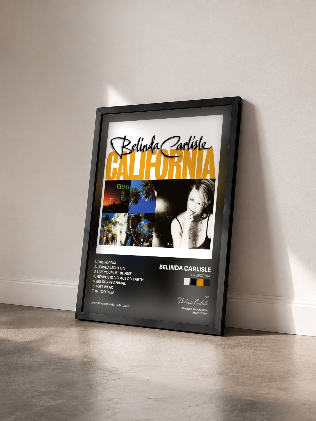 #noir Tableau de l'album California de Belinda Carlisle vu de trois quarts, cadre noir