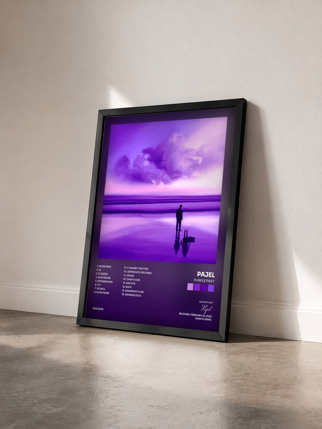 #noir Tableau de l'album Purple Past de Pajel vu de trois quarts, cadre noir