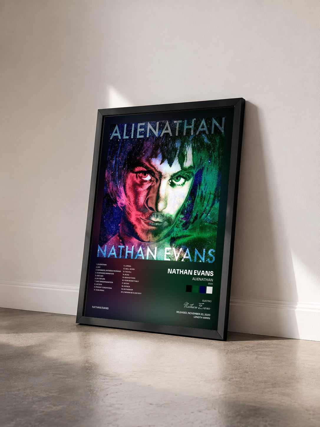 #noir Tableau de l'album Alienathan (2020) de Nathan Evans vu de trois quarts, cadre noir