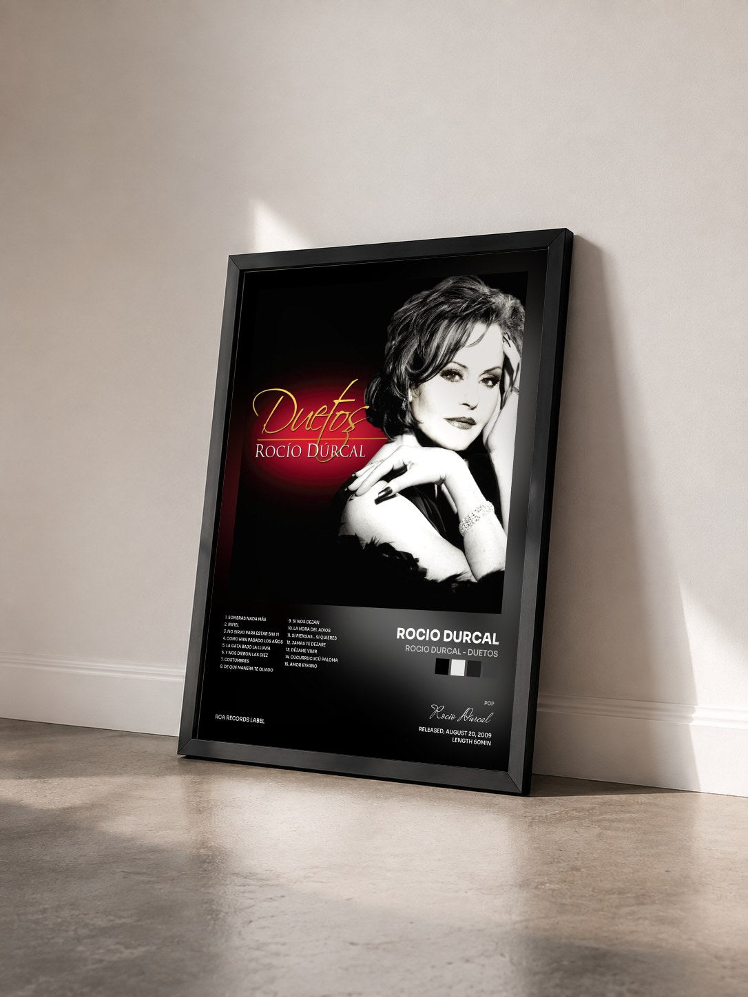 #noir Tableau de l'album Rocio Durcal - Duetos de Rocio Durcal vu de trois quarts, cadre noir