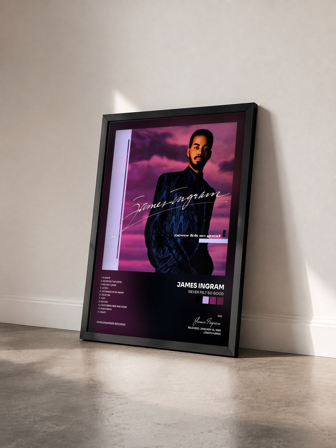 #noir Tableau de l'album Never Felt So Good de James Ingram vu de trois quarts, cadre noir