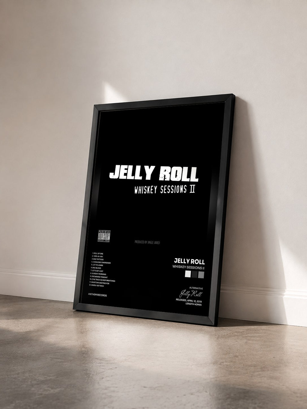 #noir Tableau de l'album Whiskey Sessions II de Jelly Roll vu de trois quarts, cadre noir