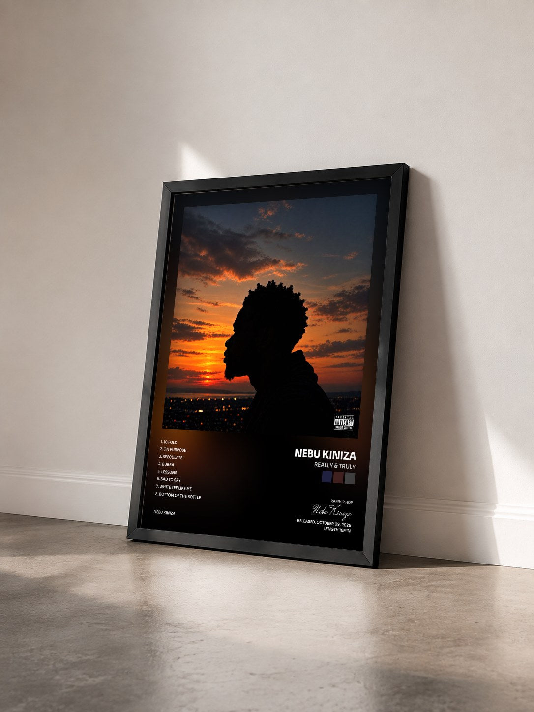 #noir Tableau de l'album Really & Truly de Nebu Kiniza vu de trois quarts, cadre noir