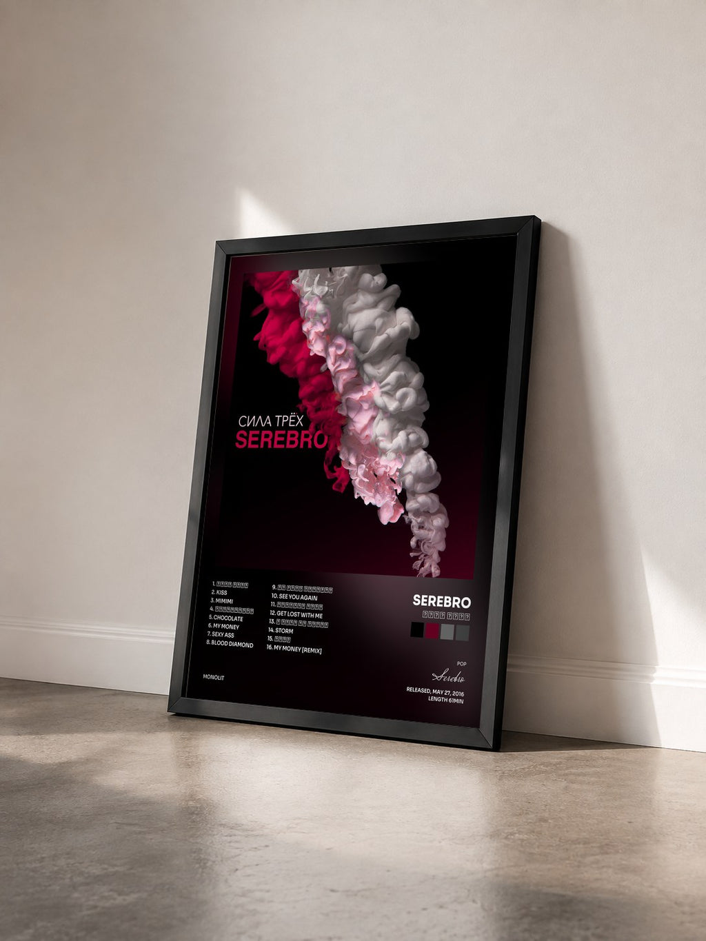#noir Tableau de l'album СИЛА ТРЁХ de Serebro vu de trois quarts, cadre noir