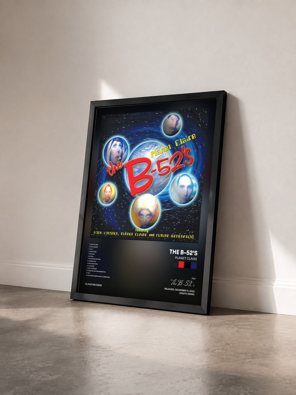#noir Tableau de l'album Planet Claire de The B-52's vu de trois quarts, cadre noir