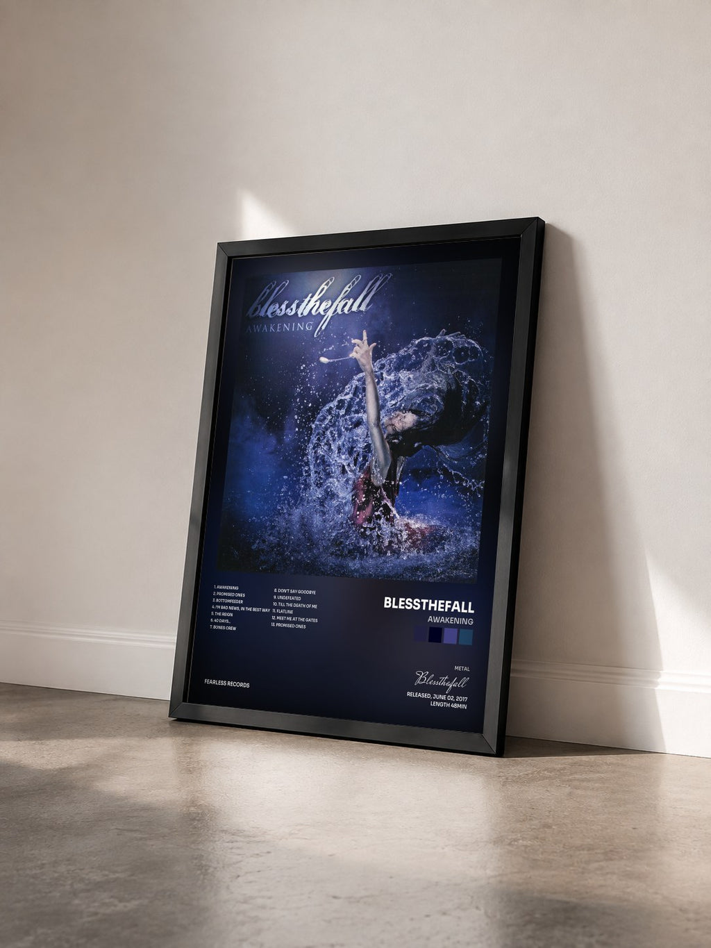#noir Tableau de l'album Awakening de Blessthefall vu de trois quarts, cadre noir