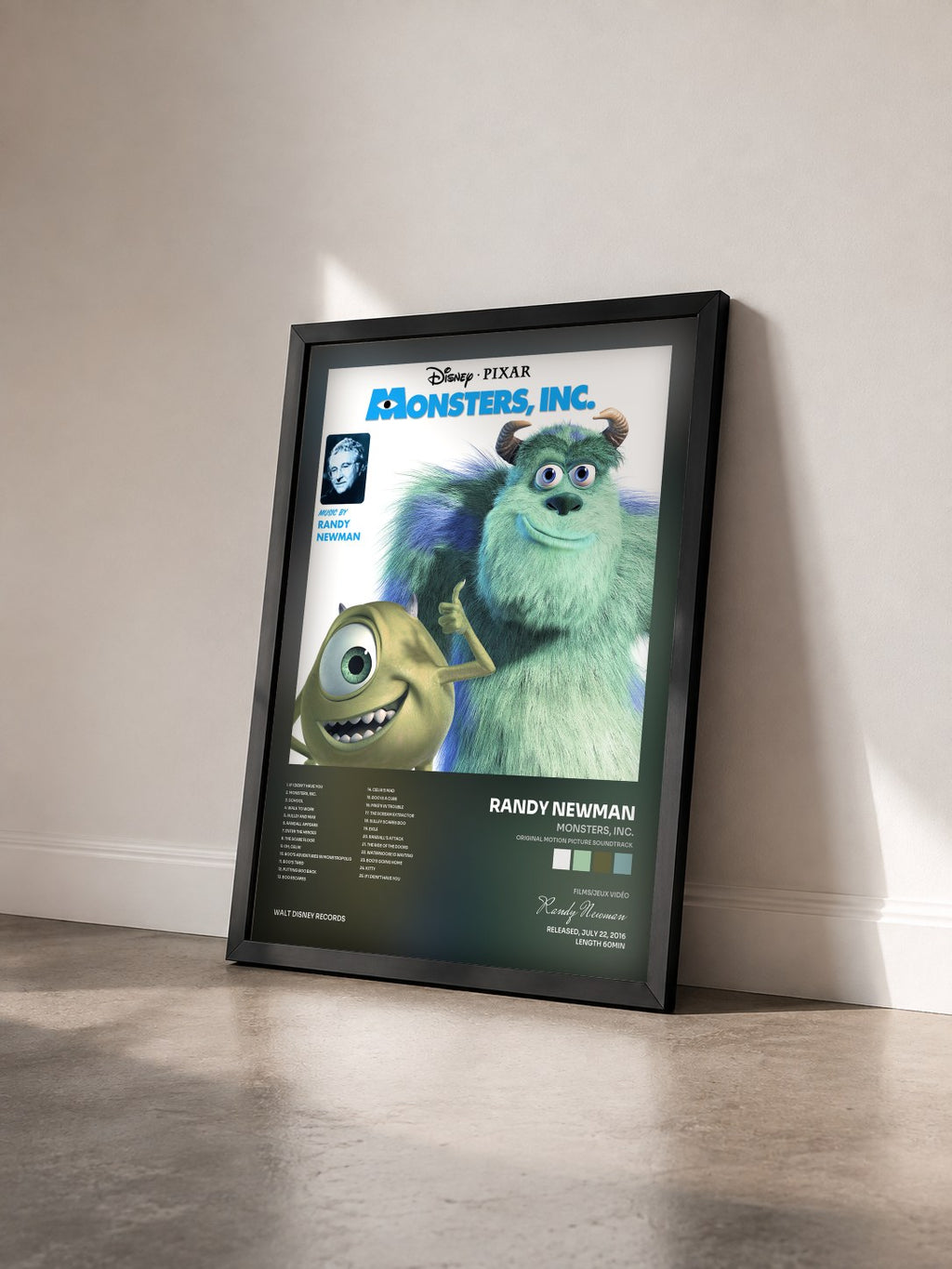 #noir Tableau de l'album Monsters, Inc. (Original Motion Picture Soundtrack) de Randy Newman vu de trois quarts, cadre noir