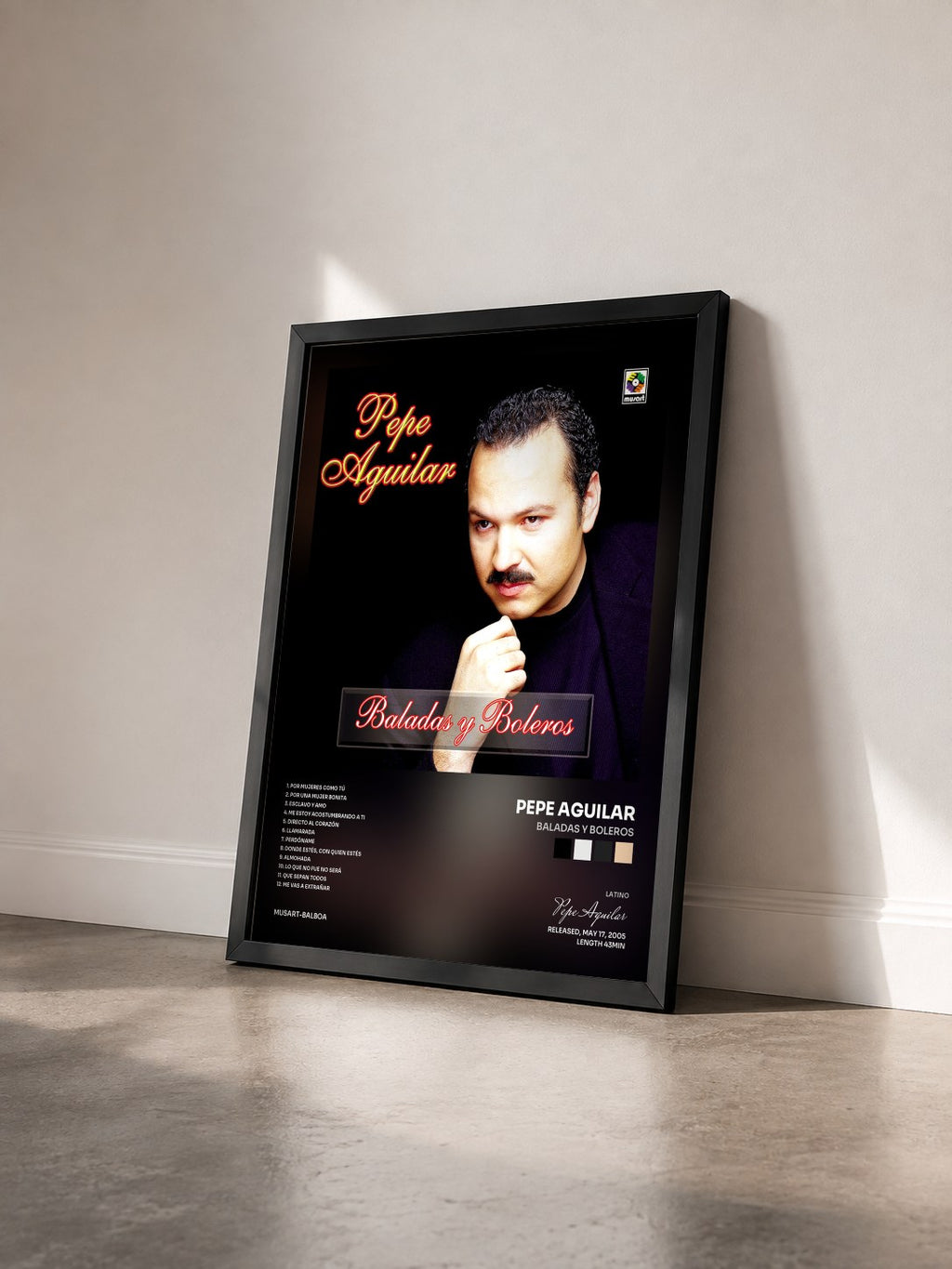 #noir Tableau de l'album Baladas Y Boleros de Pepe Aguilar vu de trois quarts, cadre noir