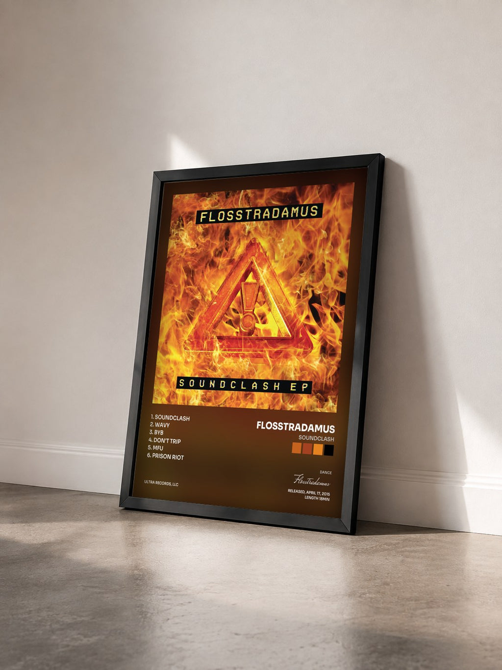 #noir Tableau de l'album Soundclash de Flosstradamus vu de trois quarts, cadre noir