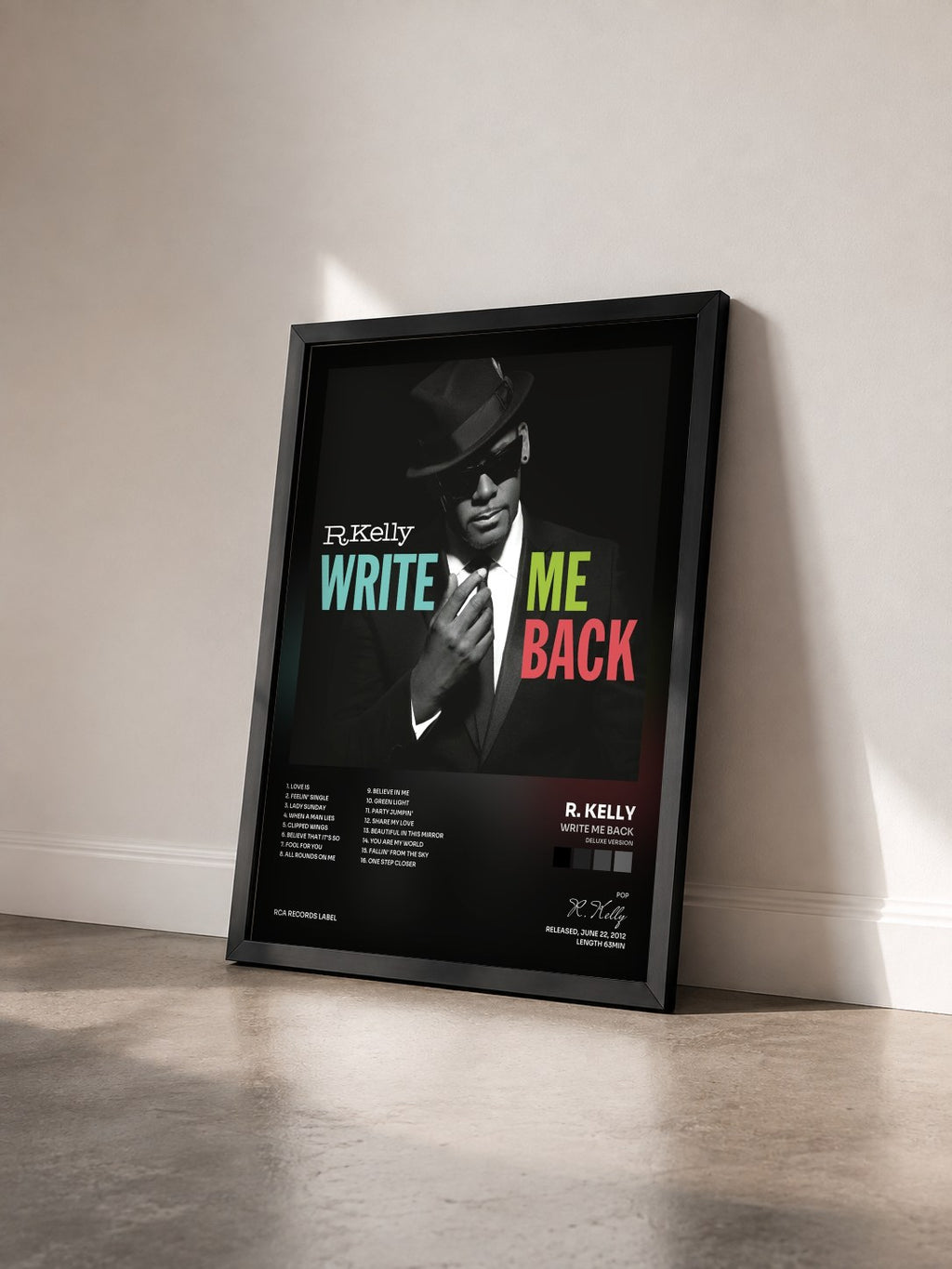 #noir Tableau de l'album Write Me Back (Deluxe Version) de R. Kelly vu de trois quarts, cadre noir