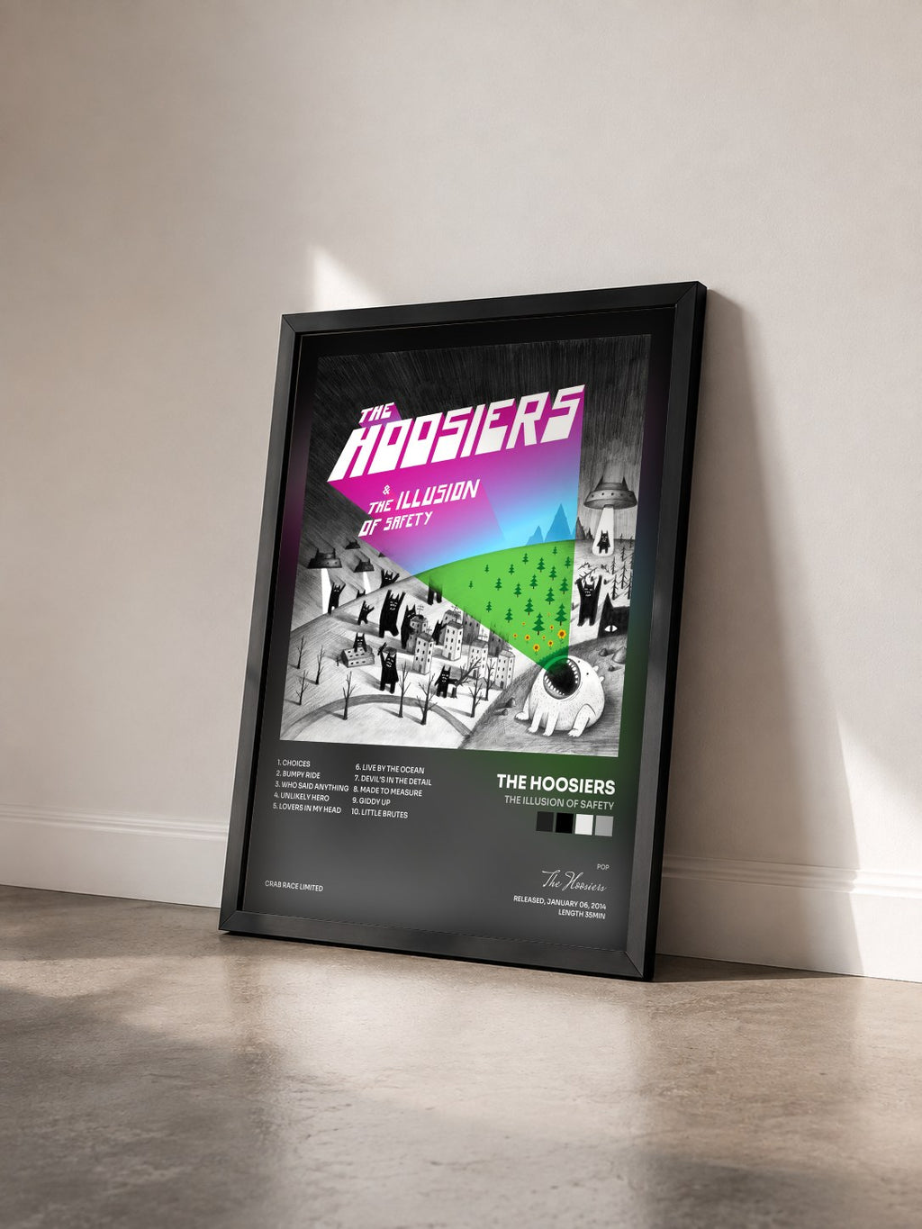 #noir Tableau de l'album The Illusion of Safety de The Hoosiers vu de trois quarts, cadre noir