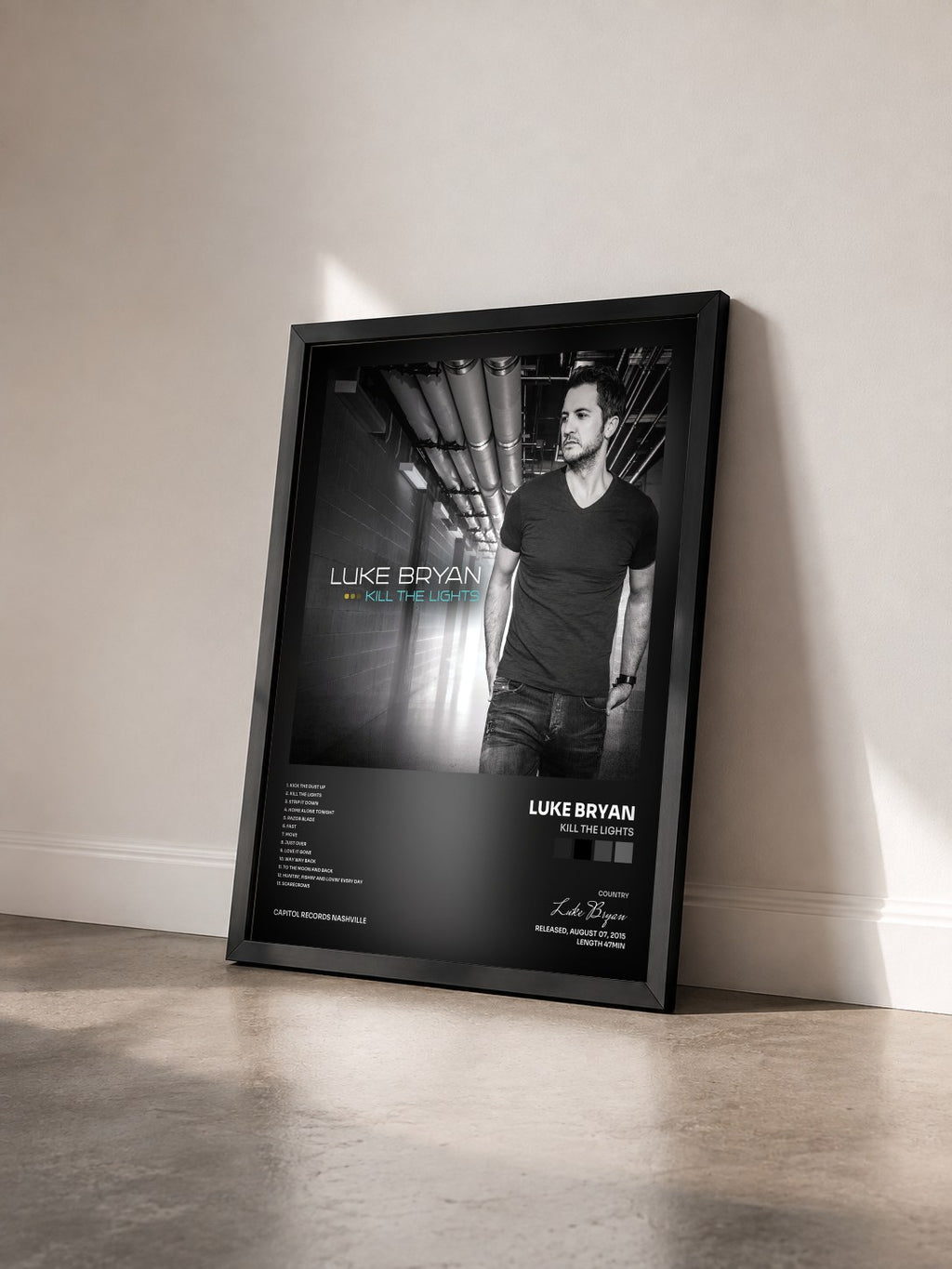 #noir Tableau de l'album Kill The Lights de Luke Bryan vu de trois quarts, cadre noir