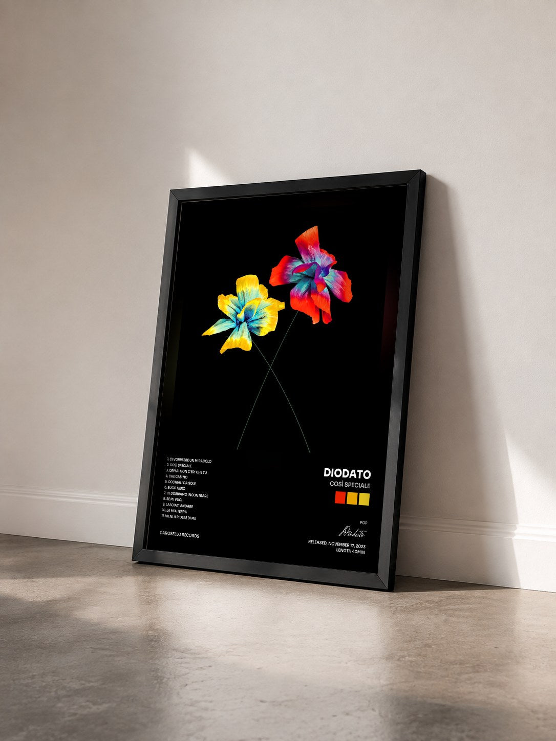 #noir Tableau de l'album Così speciale de Diodato vu de trois quarts, cadre noir