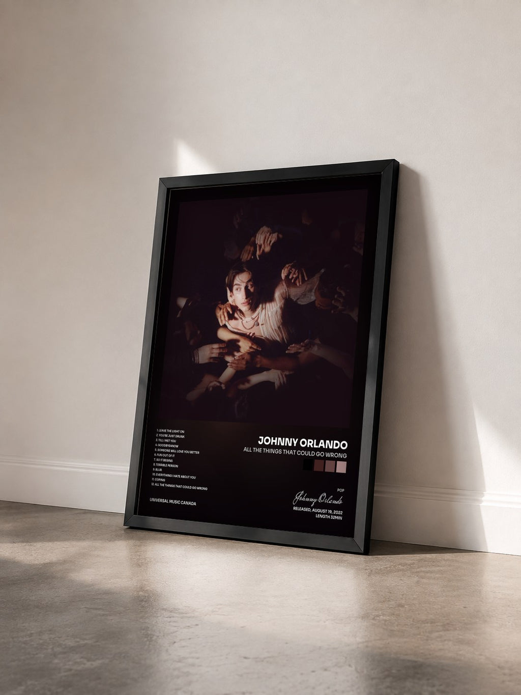#noir Tableau de l'album all the things that could go wrong de Johnny Orlando vu de trois quarts, cadre noir