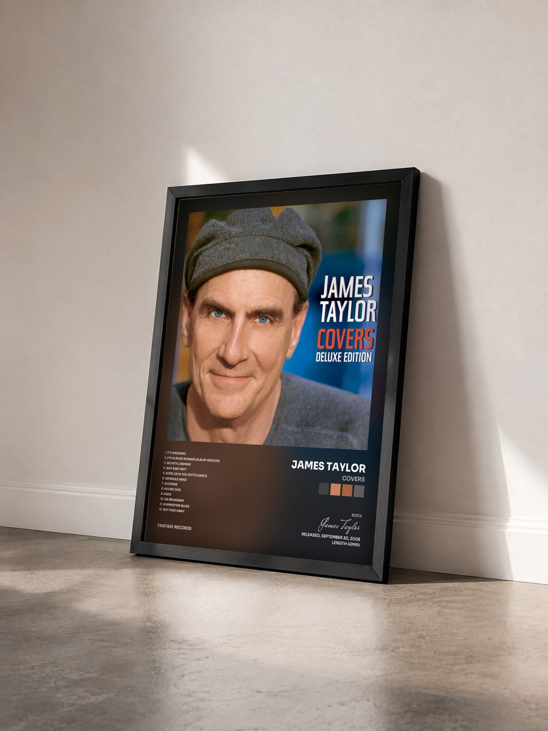 #noir Tableau de l'album Covers de James Taylor vu de trois quarts, cadre noir