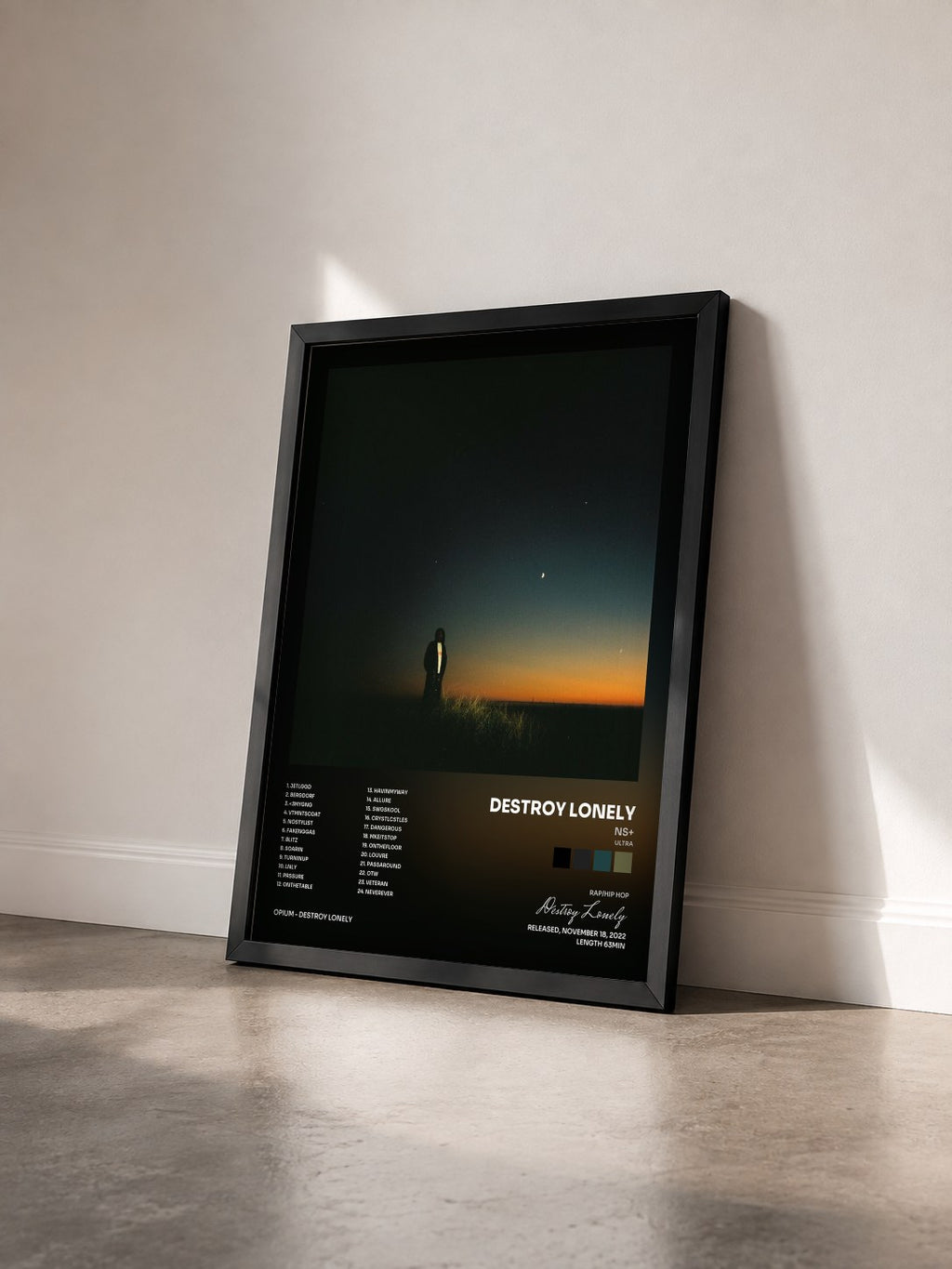 #noir Tableau de l'album NS+ (ULTRA) de Destroy Lonely vu de trois quarts, cadre noir
