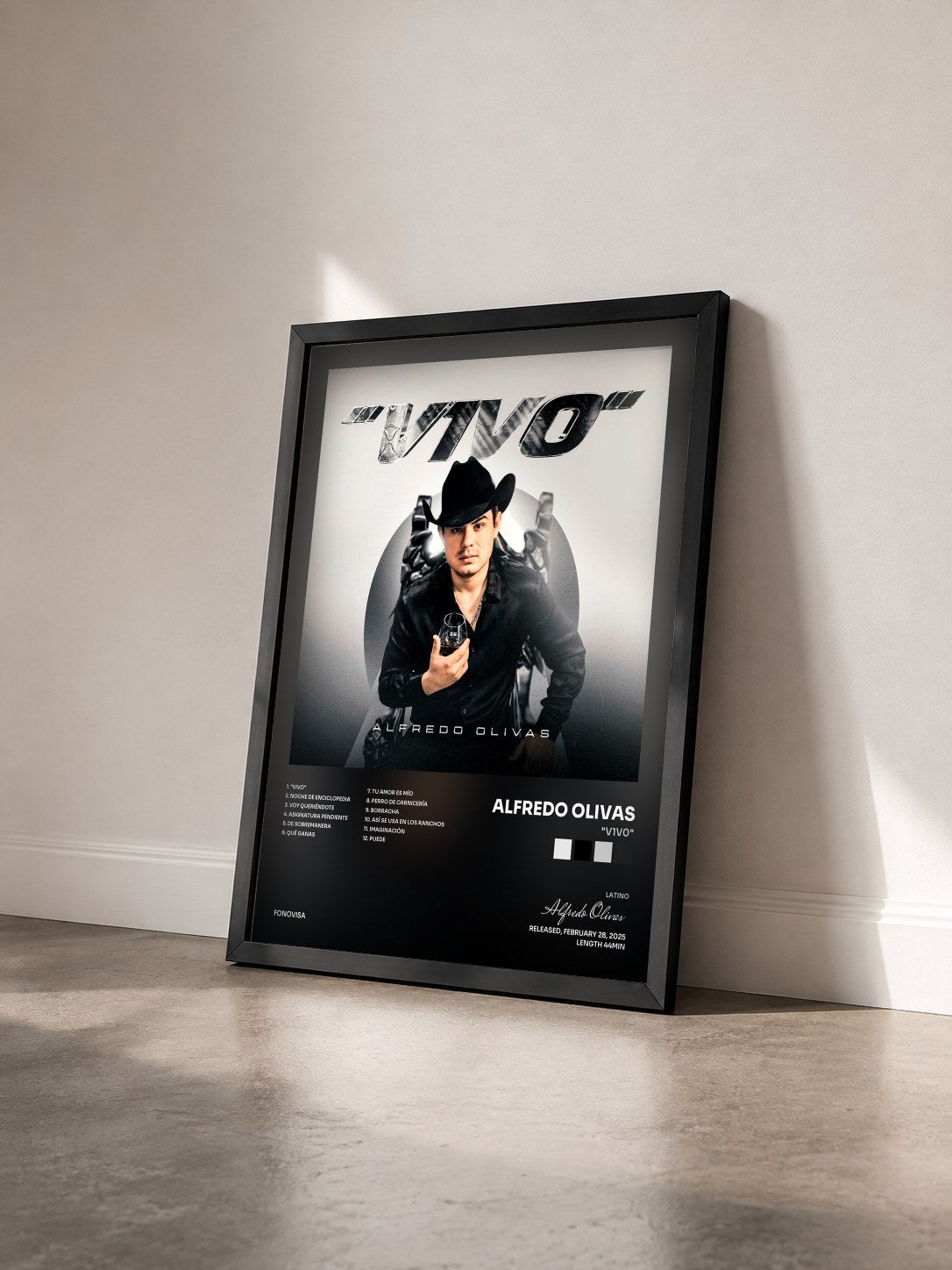 #noir Tableau de l'album "V1V0" de Alfredo Olivas vu de trois quarts, cadre noir