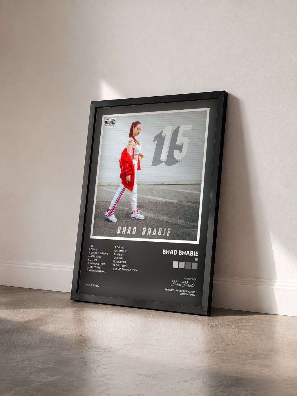 #noir Tableau de l'album 15 de Bhad Bhabie vu de trois quarts, cadre noir