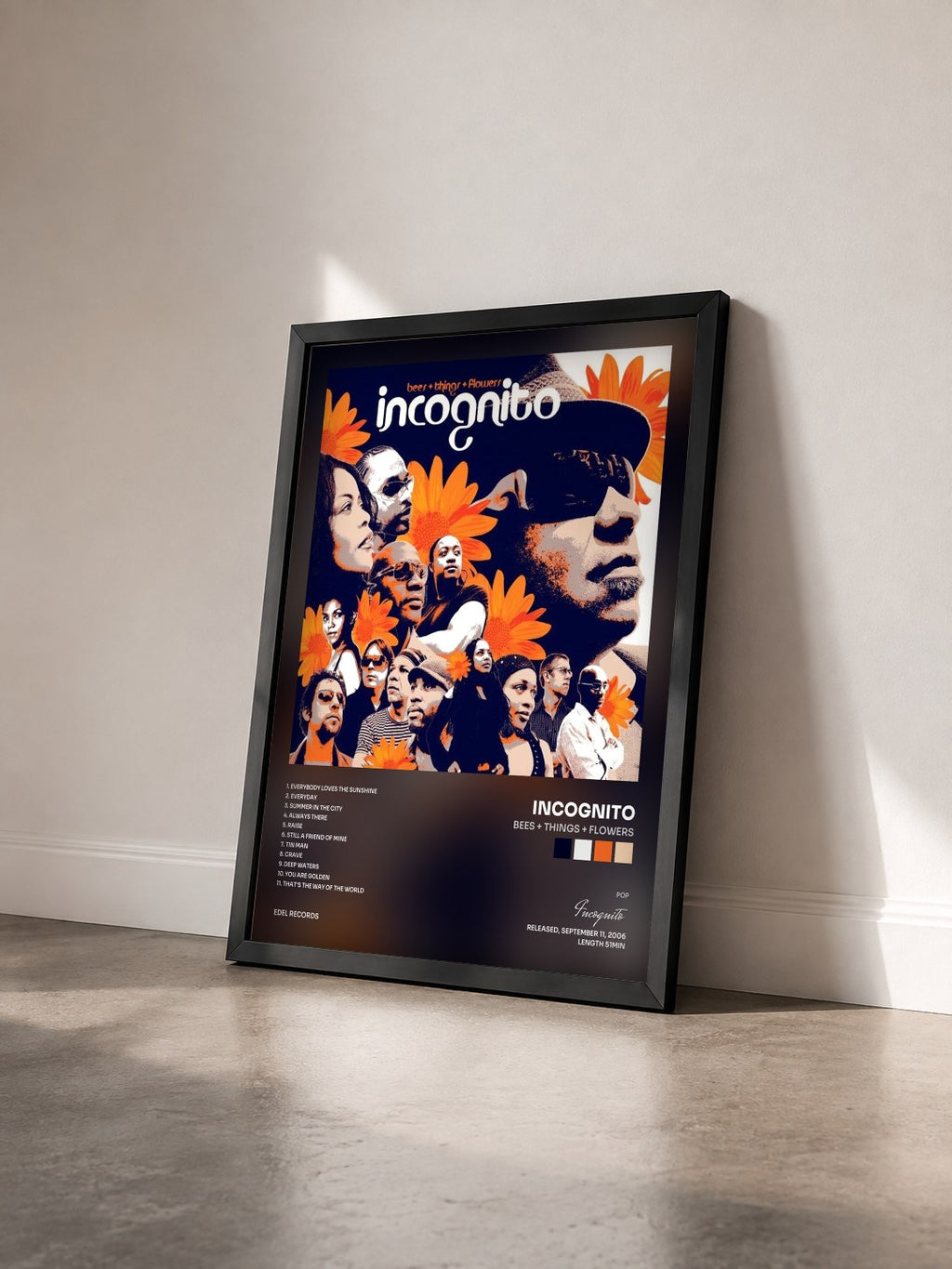 #noir Tableau de l'album Bees + Things + Flowers de Incognito vu de trois quarts, cadre noir