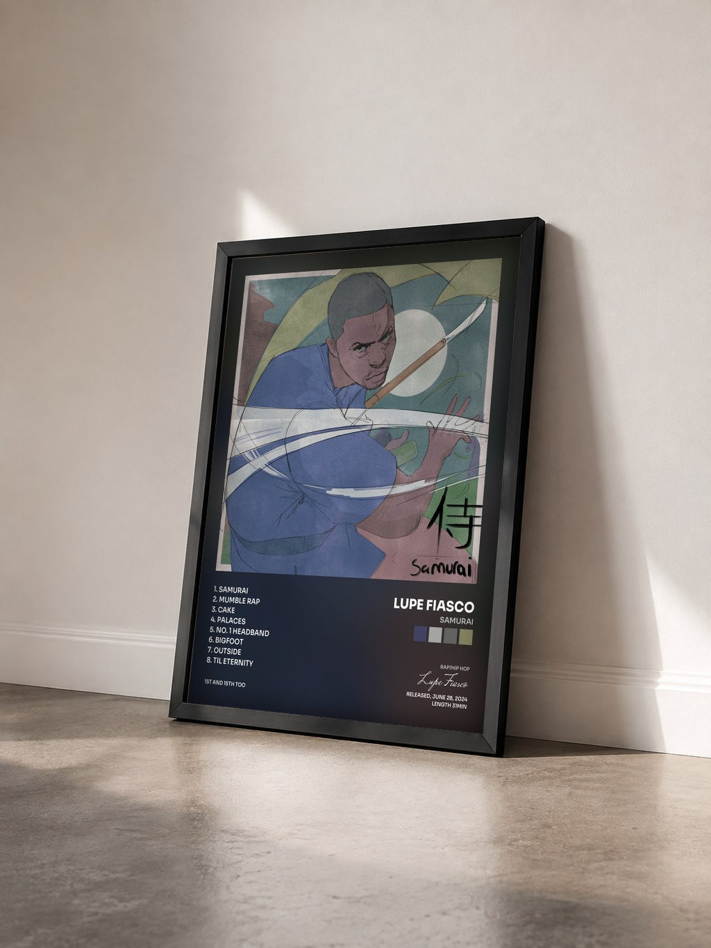 #noir Tableau de l'album Samurai de Lupe Fiasco vu de trois quarts, cadre noir