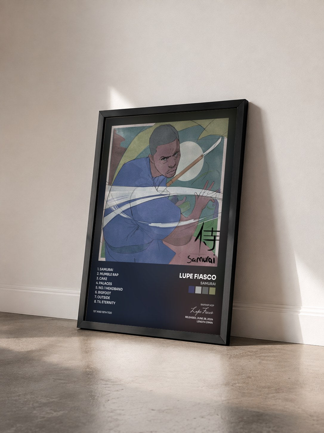 #noir Tableau de l'album Samurai de Lupe Fiasco vu de trois quarts, cadre noir