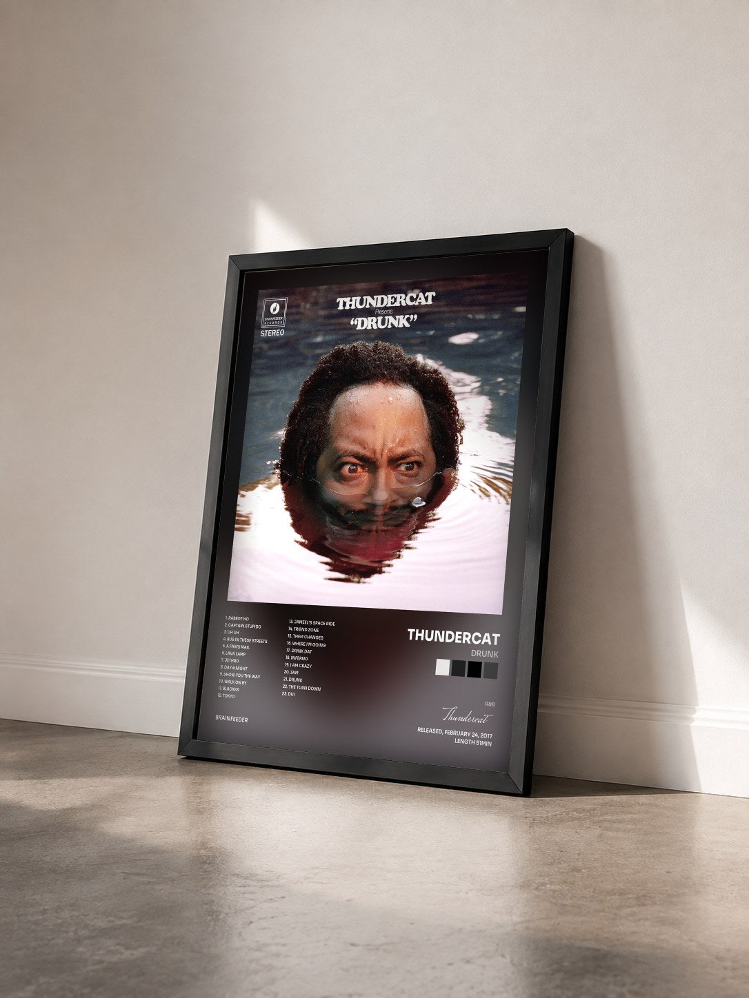 #noir Tableau de l'album Drunk de Thundercat vu de trois quarts, cadre noir