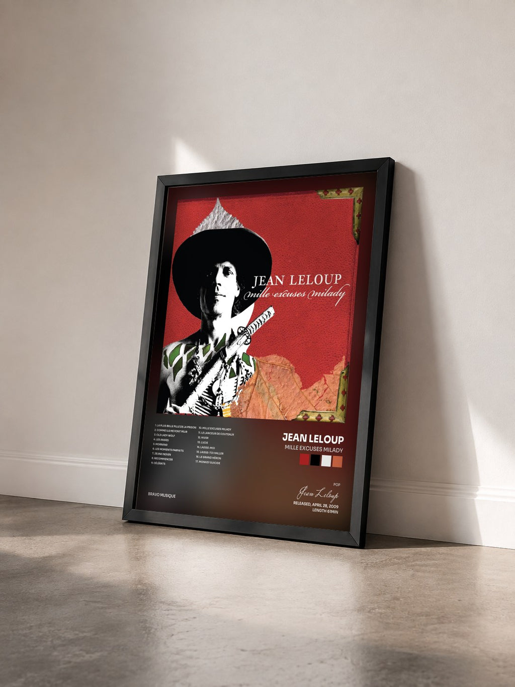 #noir Tableau de l'album Mille excuses Milady de Jean Leloup vu de trois quarts, cadre noir