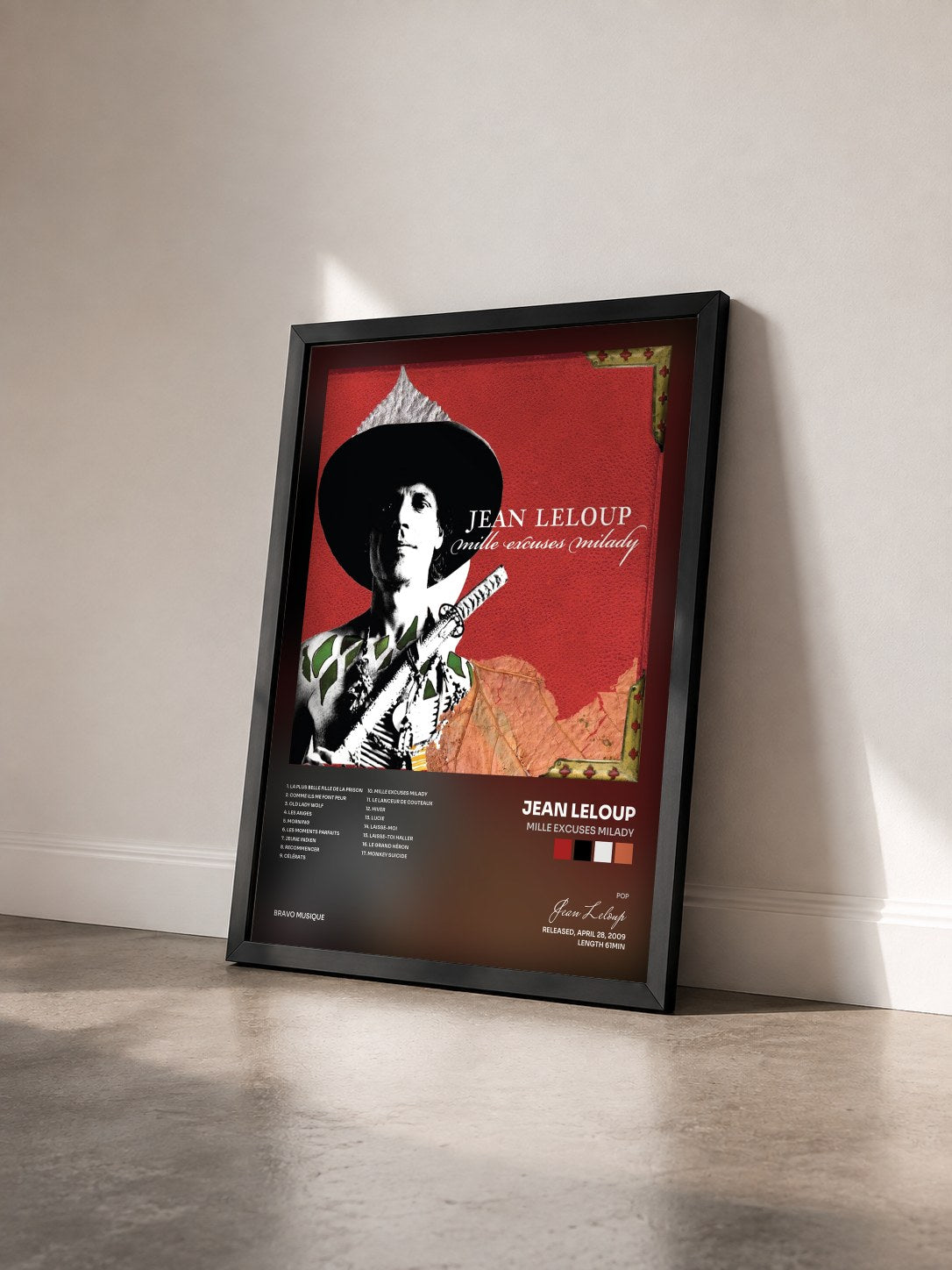 #noir Tableau de l'album Mille excuses Milady de Jean Leloup vu de trois quarts, cadre noir