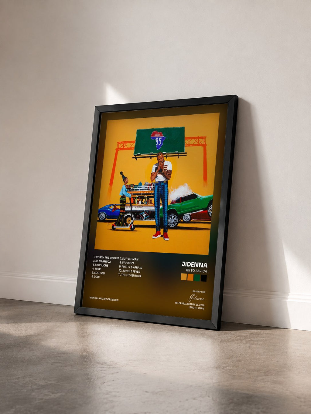 #noir Tableau de l'album 85 to Africa de Jidenna vu de trois quarts, cadre noir