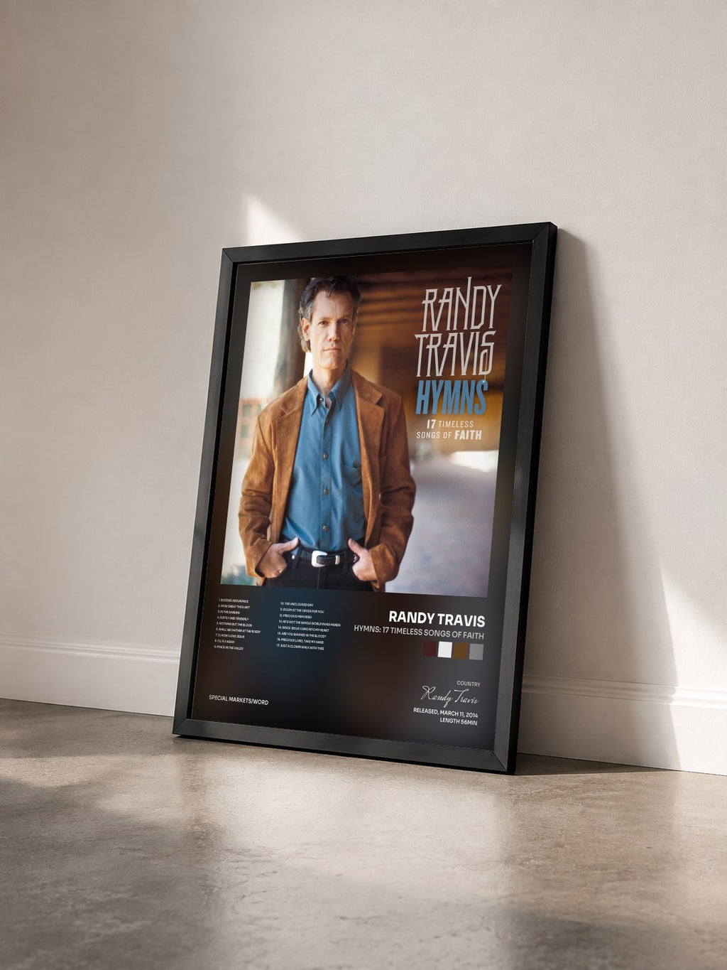#noir Hymns: 17 Timeless Songs of Faith di Randy Travis in stampa incorniciata vista di tre quarti, cornice nera