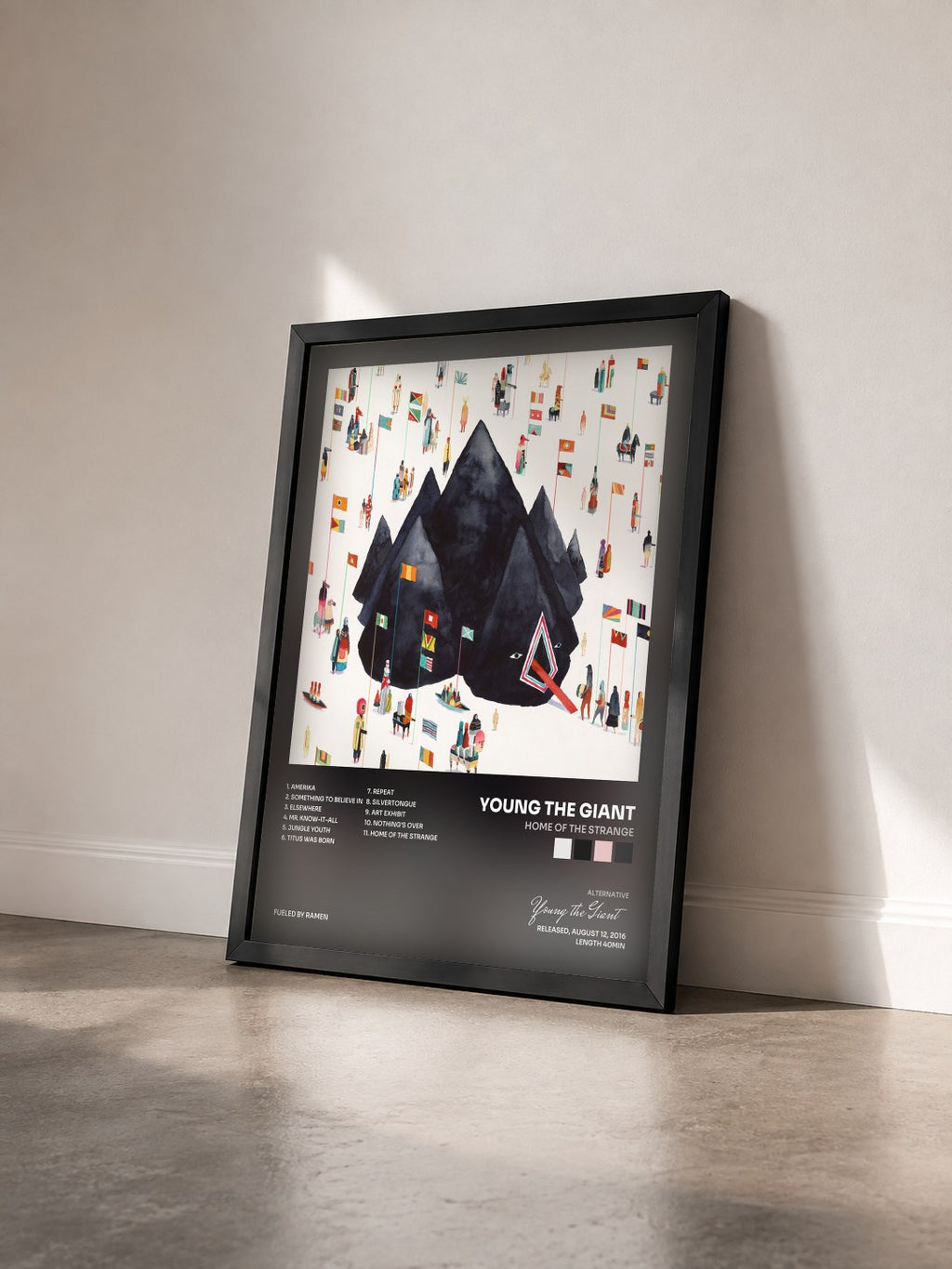 #noir Tableau de l'album Home of the Strange de Young the Giant vu de trois quarts, cadre noir