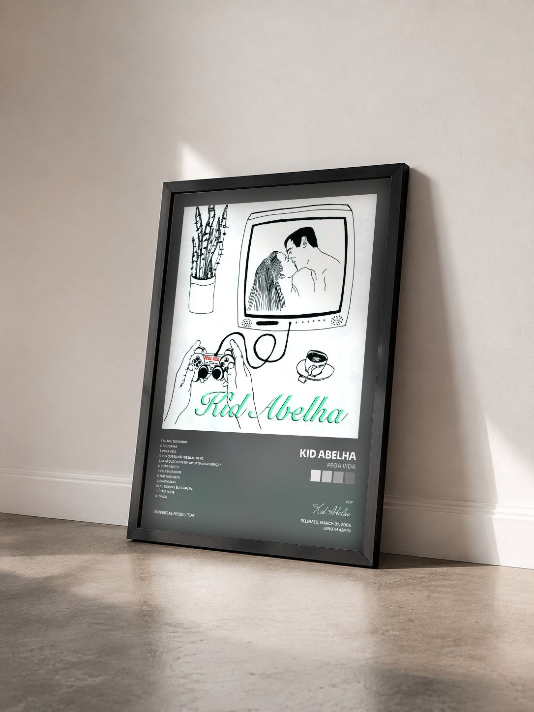 #noir Tableau de l'album Pega Vida de Kid Abelha vu de trois quarts, cadre noir