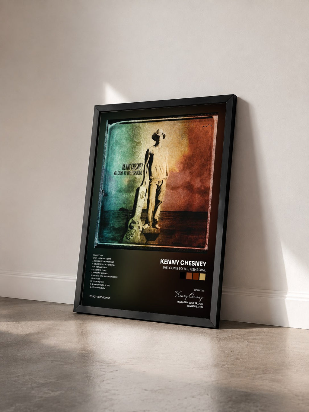 #noir Tableau de l'album Welcome To The Fishbowl de Kenny Chesney vu de trois quarts, cadre noir