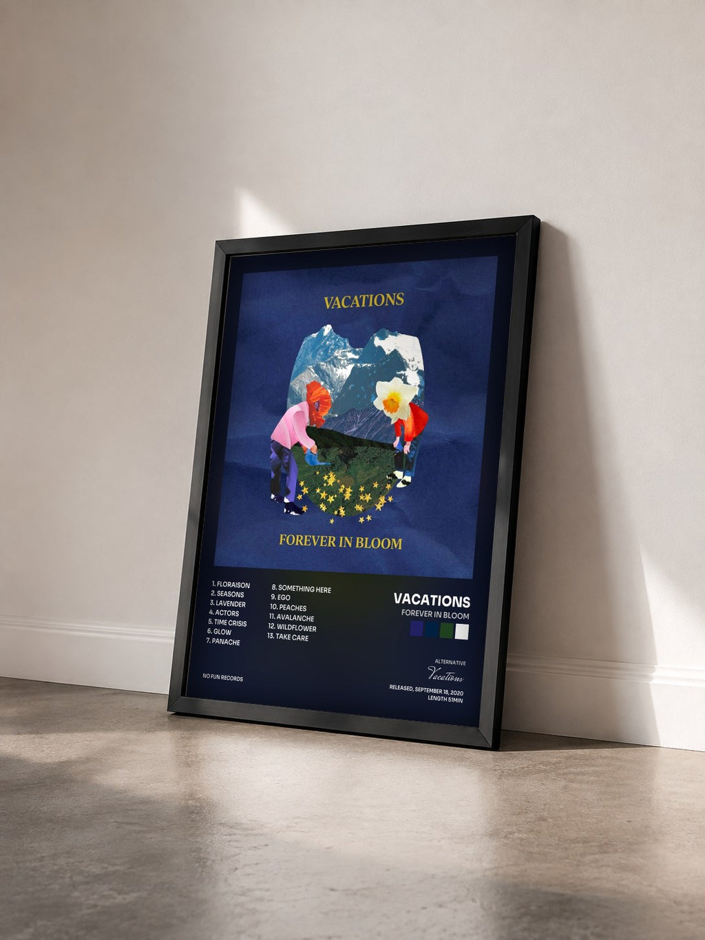 #noir Tableau de l'album Forever in Bloom de Vacations vu de trois quarts, cadre noir