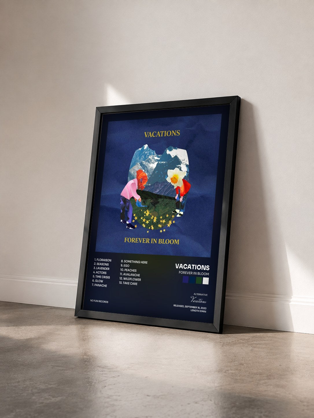 #noir Tableau de l'album Forever in Bloom de Vacations vu de trois quarts, cadre noir