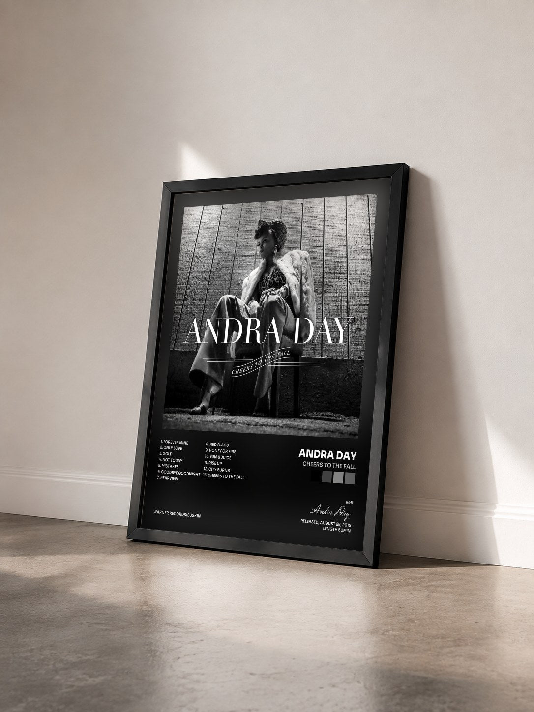 #noir Tableau de l'album Cheers to the Fall de Andra Day vu de trois quarts, cadre noir