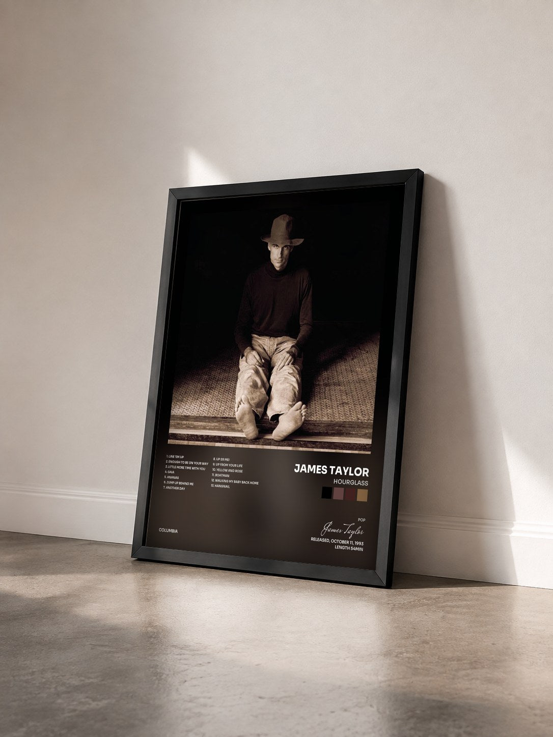 #noir Tableau de l'album Hourglass de James Taylor vu de trois quarts, cadre noir