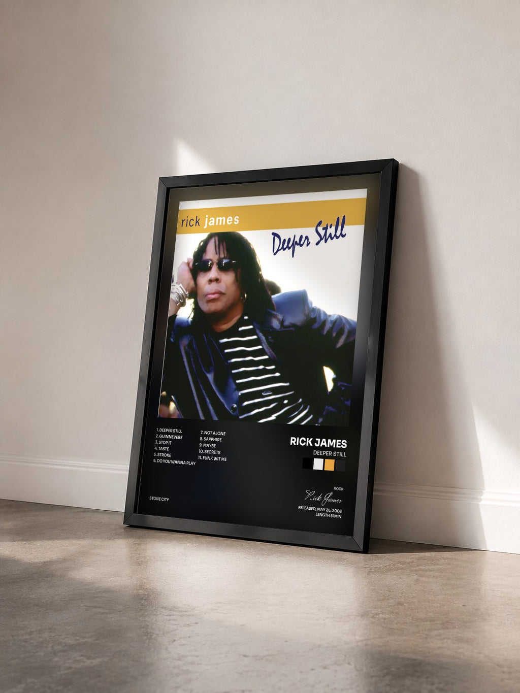 #noir Tableau de l'album Deeper Still de Rick James vu de trois quarts, cadre noir