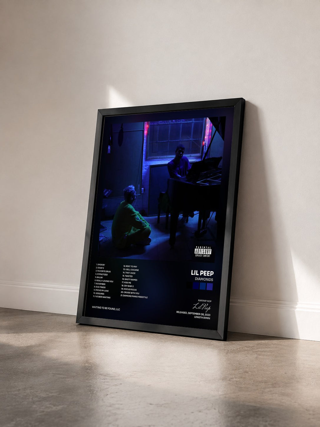 #noir Tableau de l'album DIAMONDS de Lil Peep vu de trois quarts, cadre noir