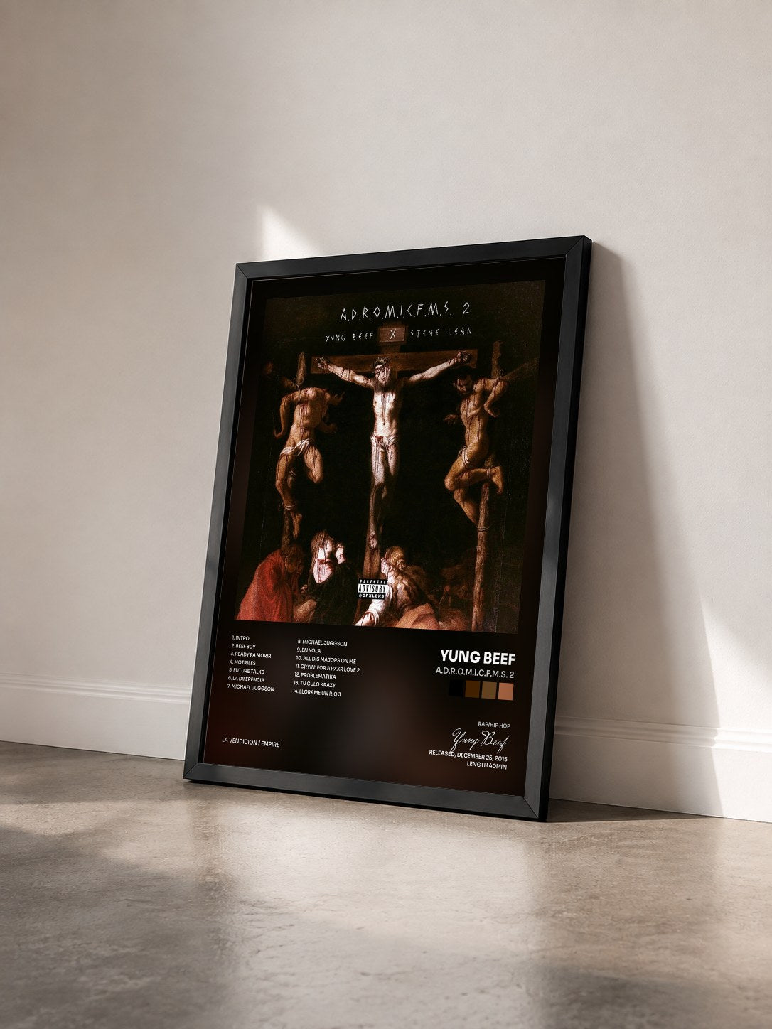 #noir Tableau de l'album A.D.R.O.M.I.C.F.M.S. 2 de Yung Beef vu de trois quarts, cadre noir